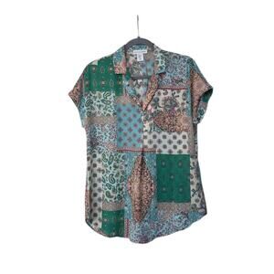 Cupcakes and Cashmere Colorful Patchwork Mosaic Lightweight Satin Blouse Size XS